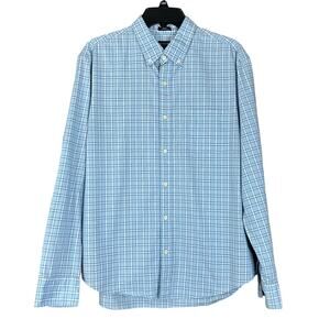 J.Crew Performance Shirt Men Size L Blue White Plaid Slim Untucked Button Down